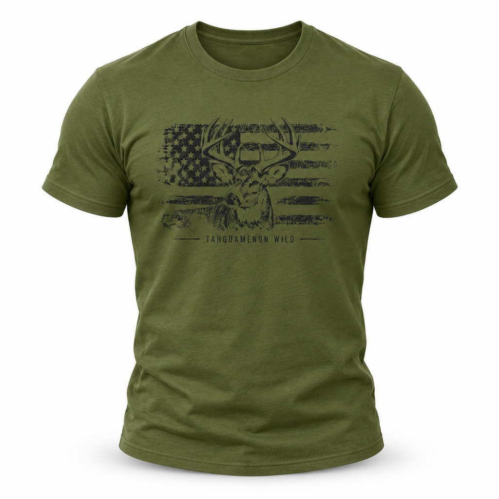 Deer & Distressed American Flag T-Shirt | Hunting Shirt | Outdoorsman Gift | Tahquamenon Wild