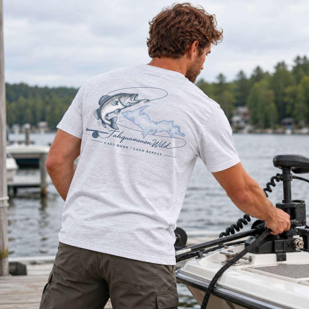 Tahquamenon Wild Bass Fishing Shirt | Cast Hook Land Repeat Tee | Michigan Upper Peninsula T-Shirt
