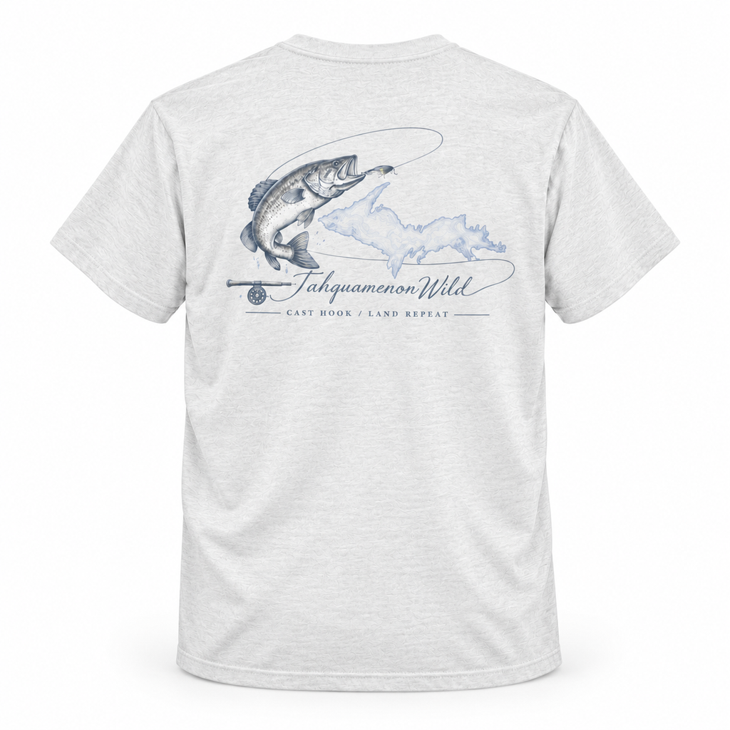 Tahquamenon Wild Bass Fishing Shirt | Cast Hook Land Repeat Tee | Michigan Upper Peninsula T-Shirt