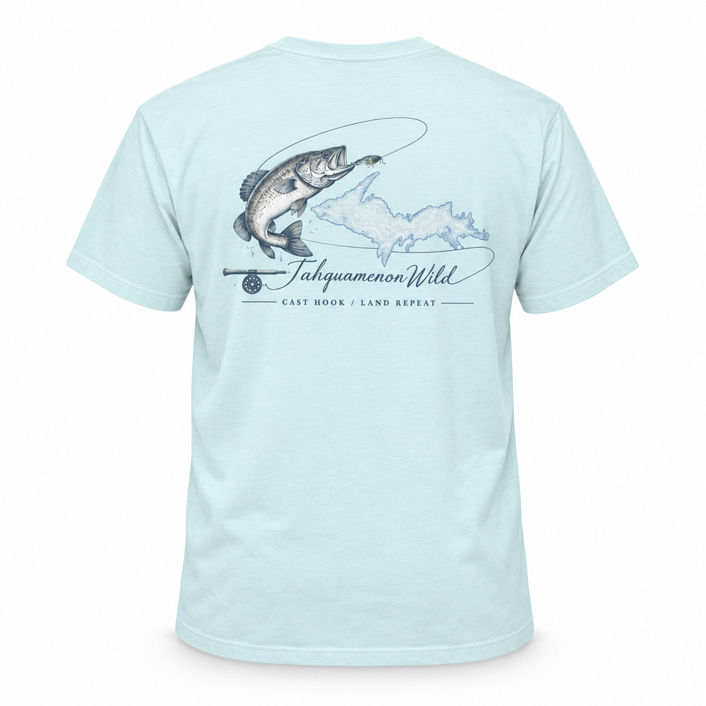 Tahquamenon Wild Bass Fishing Shirt | Cast Hook Land Repeat Tee | Michigan Upper Peninsula T-Shirt