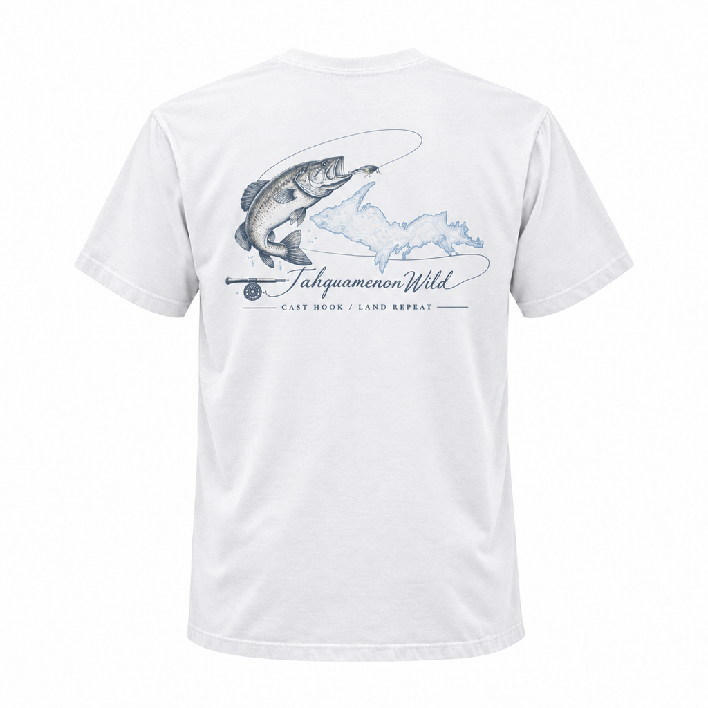 Tahquamenon Wild Bass Fishing Shirt | Cast Hook Land Repeat Tee | Michigan Upper Peninsula T-Shirt
