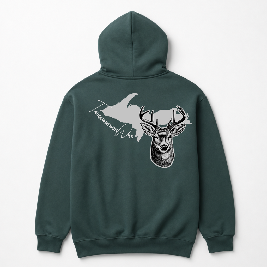 Dark forest green Tahquamenon Wild hunting hoodie with Michigan Upper Peninsula and whitetail buck graphic on back